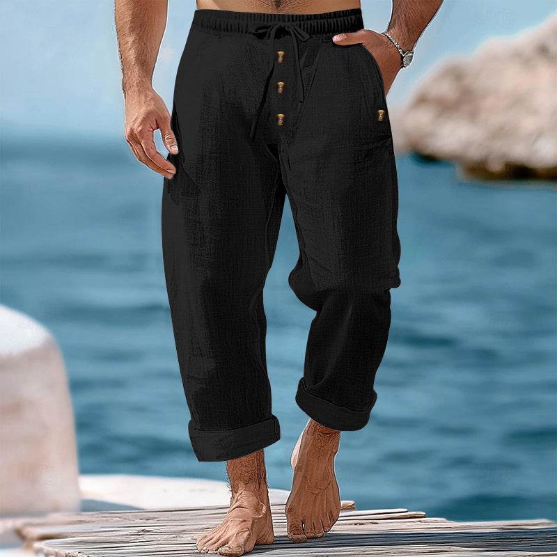 Buycenter Solid Color Cotton Linen Beach Pants - Casual Loose Fit Trousers - Buy Center