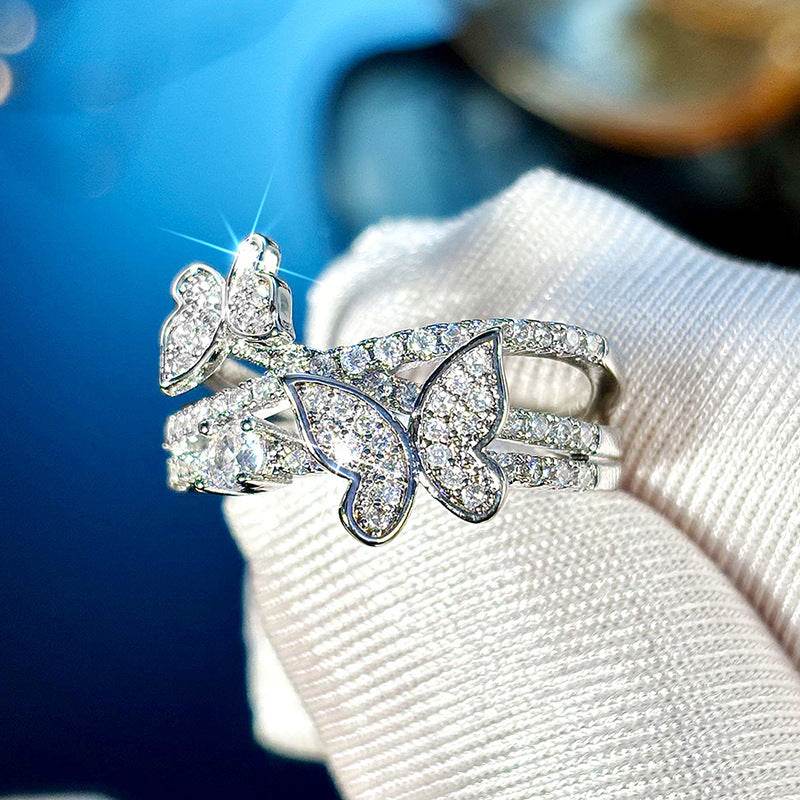 Butterfly Multi-Layer Design Ring - Elegant White Gold with Zircon Inlays - Buy Center
