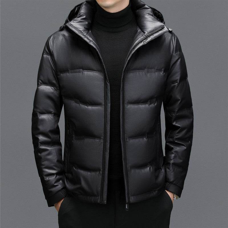 Men's Casual White Duck Down Coat - Premium Leather Hoodie for Warmth - Buy Center
