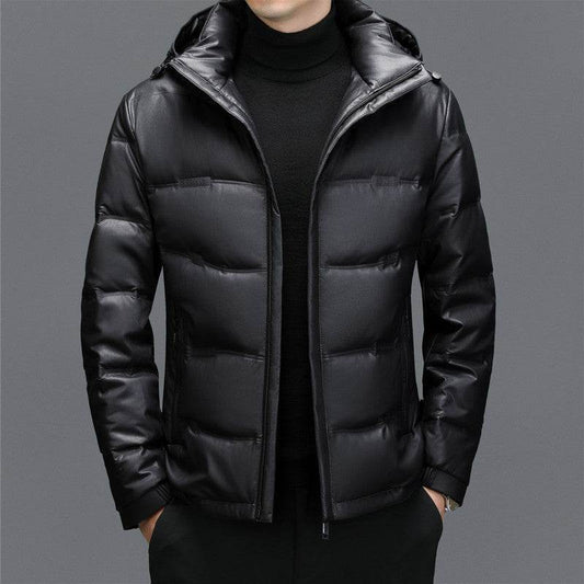 Men's Casual White Duck Down Coat - Premium Leather Hoodie for Warmth - Buy Center