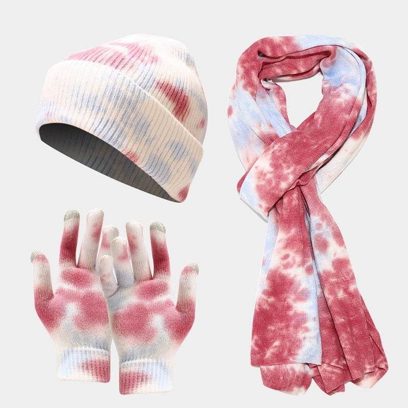 Trendy Tie-Dye Knitted Hat, Gloves & Scarf Set - Colorful Winter Ensemble - Buy Center