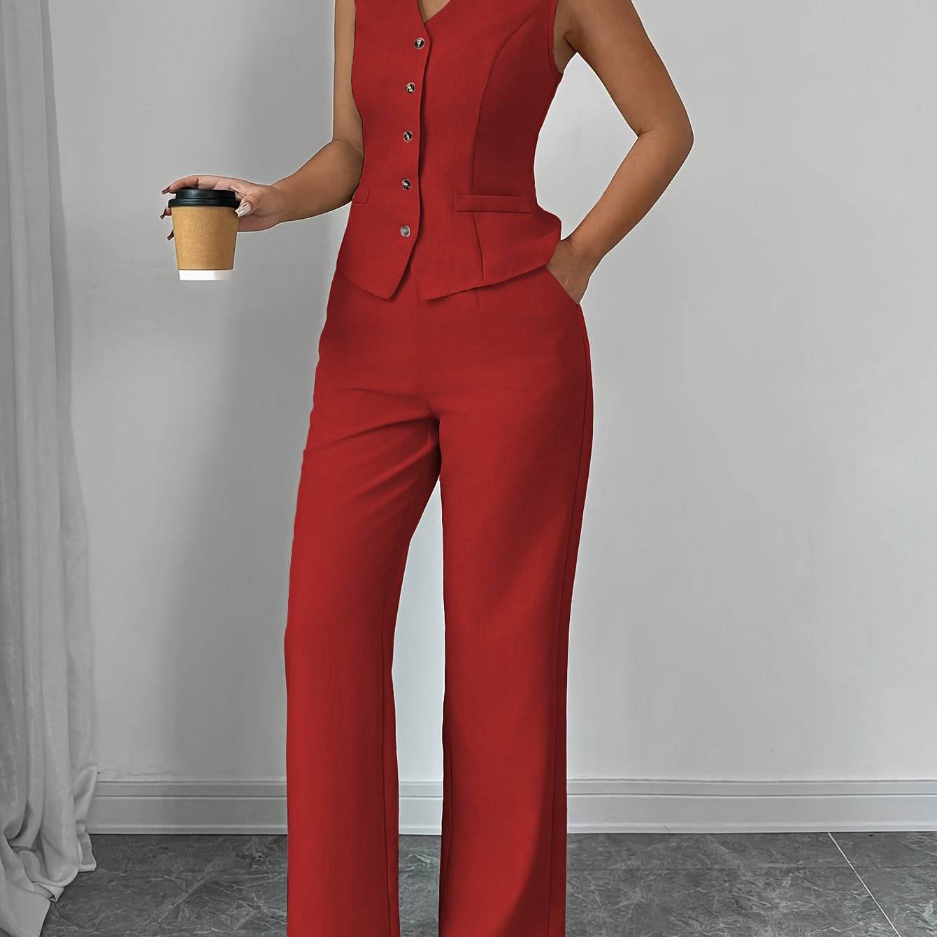 Women's Solid Color Vest & Wide-Leg Pants Set - Elegant Spring Look - Buy Center