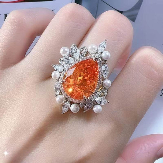 Buy Center High Carbon Diamond Water Drop Ring - Sunset Orange, 925 Silver - Buy Center