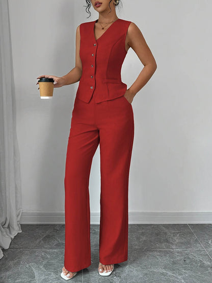 Women's Solid Color Vest & Wide-Leg Pants Set - Elegant Spring Look - Buy Center