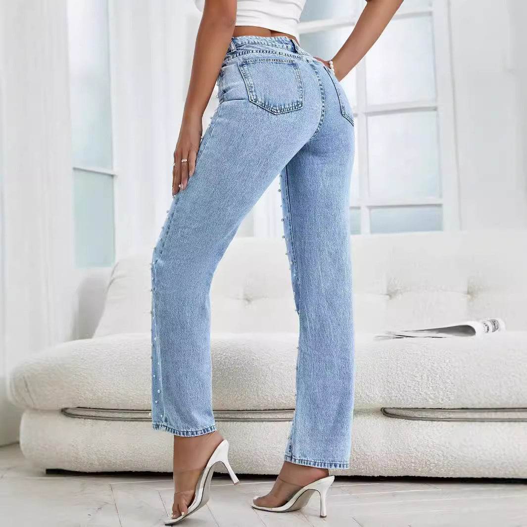 Women's Cropped Beaded Jeans - Light Blue Mid Waist Denim Trousers - Buy Center
