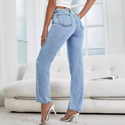 Women's Cropped Beaded Jeans - Light Blue Mid Waist Denim Trousers - Buy Center