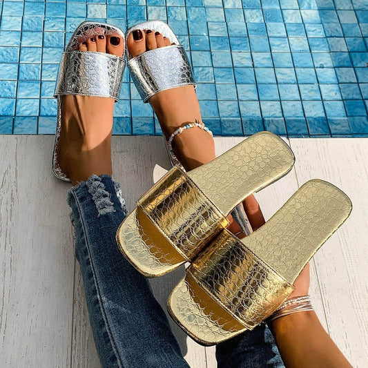 Fashion Crocodile Textured Slides - Elegant Gold & Silver Summer Sandals - Buy Center