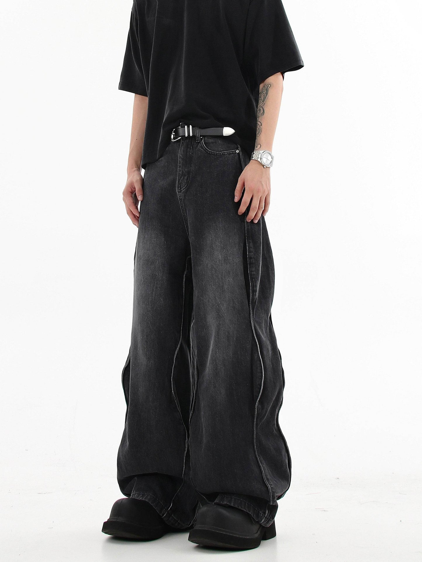 Buycenter Men's Loose Mop Wide Leg Pants - Stylish Black & Gray Denim - Buy Center