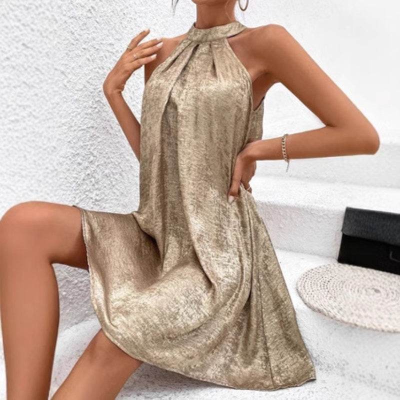 Buycenter Women's Halter Dress - Sexy Gold Sleeveless Fashion Style - Buy Center