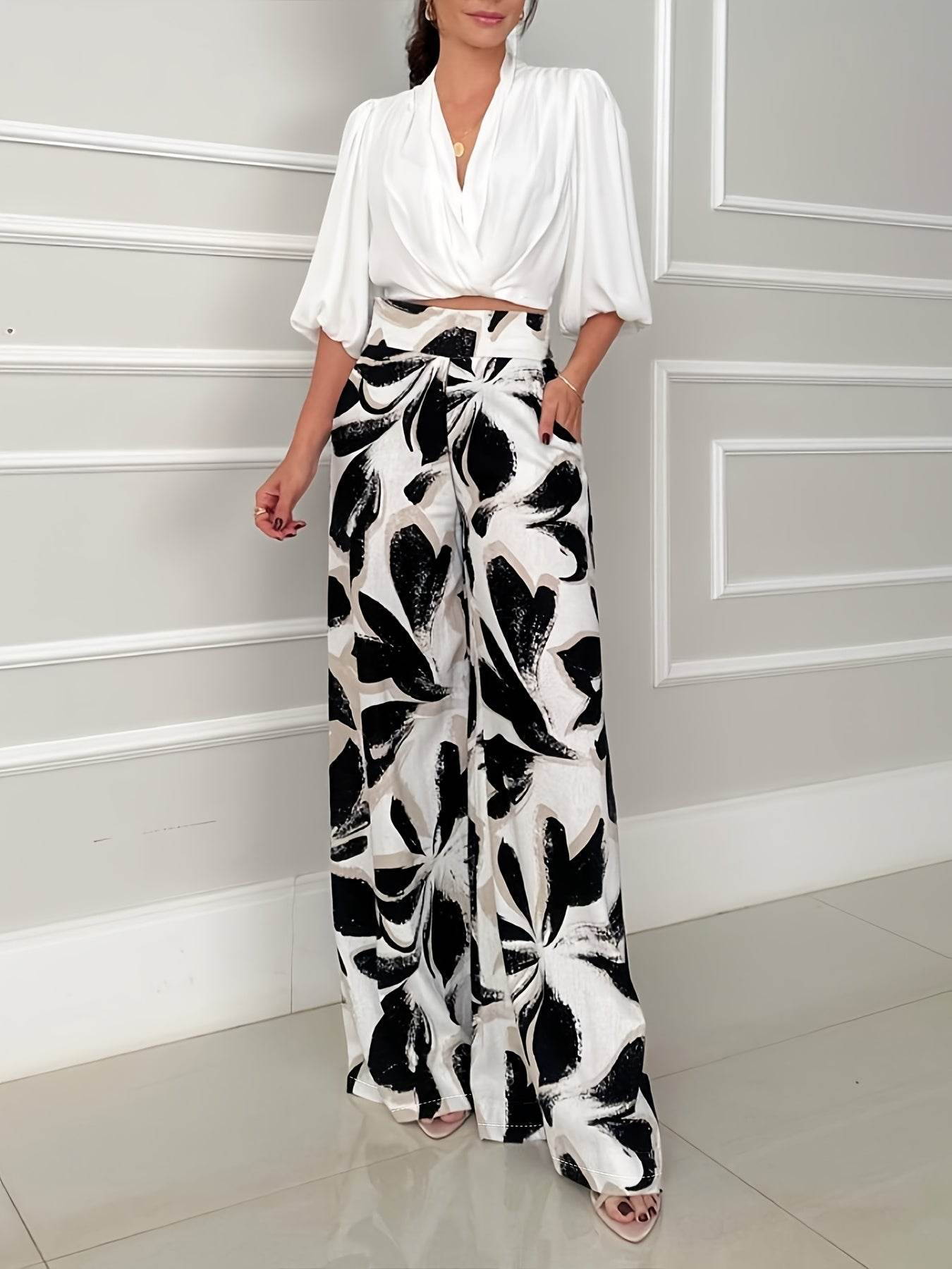 Women's Casual Floral Wide Leg Pants & Off-Shoulder Shirt Set - Buy Center