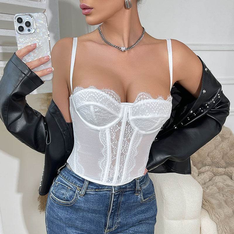 Buycenter Gathered Corset Tunic - Stylish Eyelash Lace Sling Top for Women - Buy Center