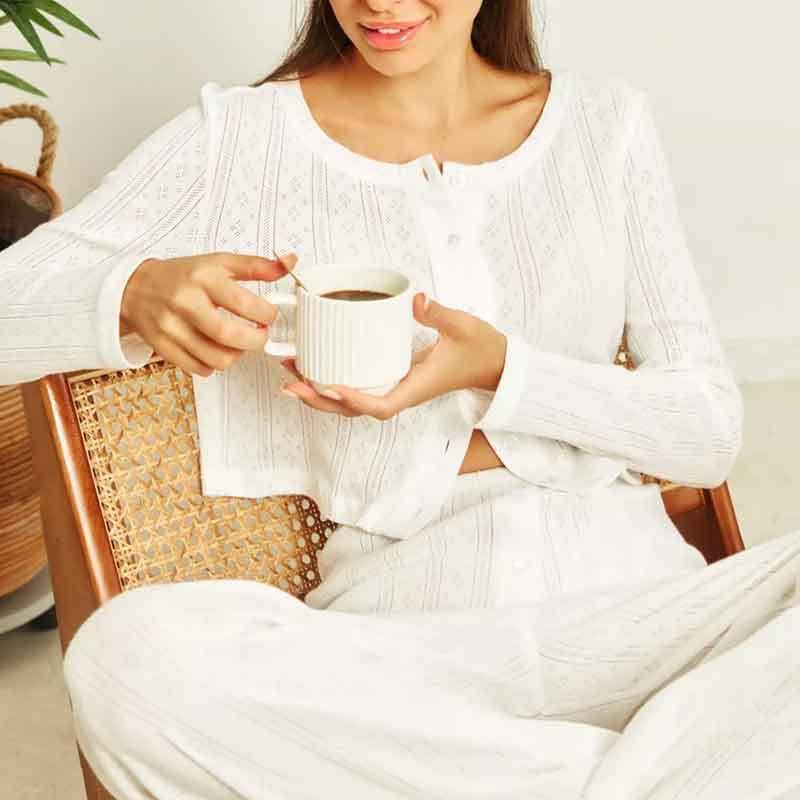 Long Sleeve White Hollow-Out Knitted Pajamas - Stylish & Comfortable Set - Buy Center