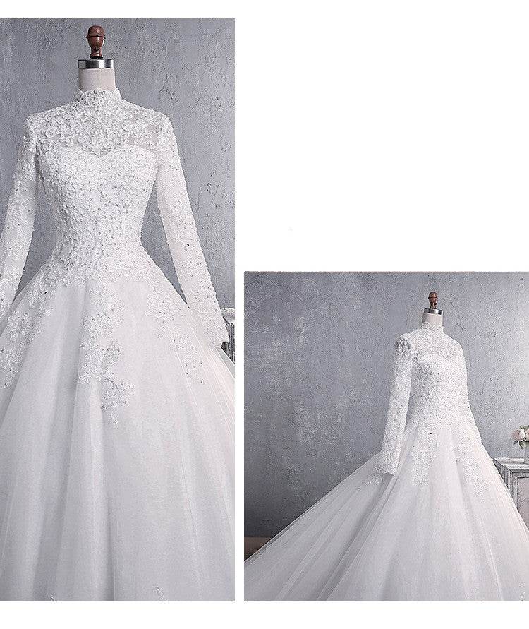 Elegant Lace Wedding Dress - Plus Sizes, Stand-up Collar & Long Sleeves - Buy Center