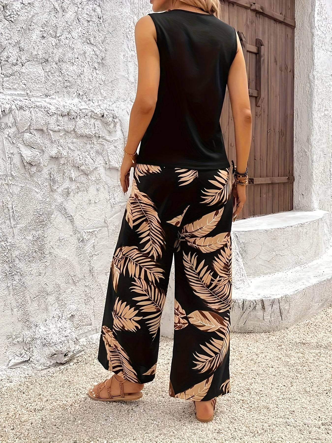 Elegant Two-Piece Floral Set - Sleeveless Top & Printed Pants - Buy Center