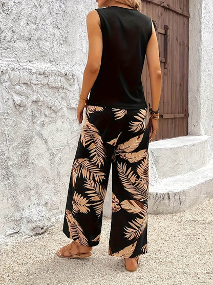 Elegant Two-Piece Floral Set - Sleeveless Top & Printed Pants - Buy Center