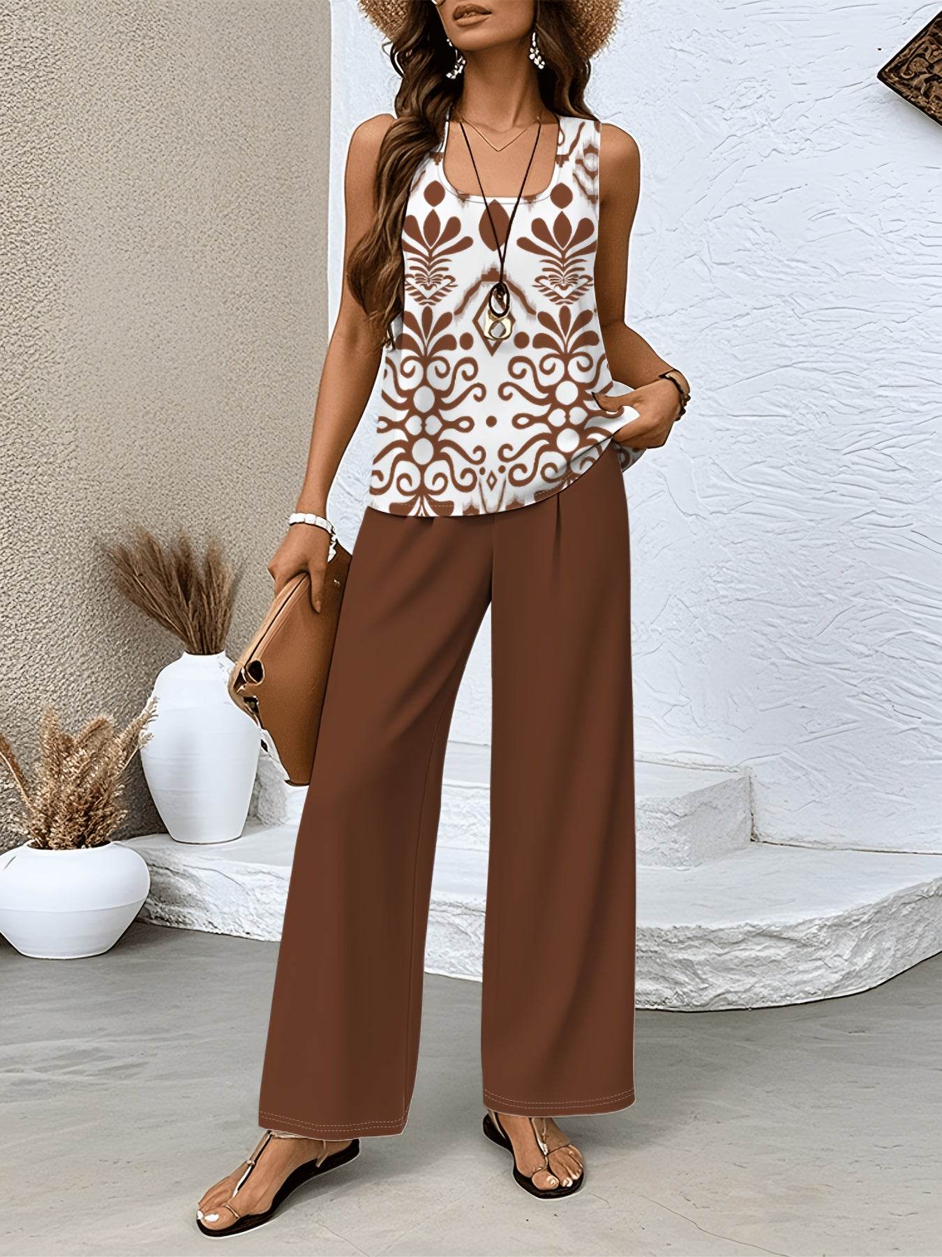 Elegant Women's Floral Print Top & Wide Leg Pants Set - Casual Wear - Buy Center