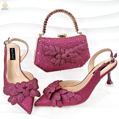 Handmade Leaf Decorative Evening Shoes Bag Set – Stylish Wine Glass Heel - Buy Center