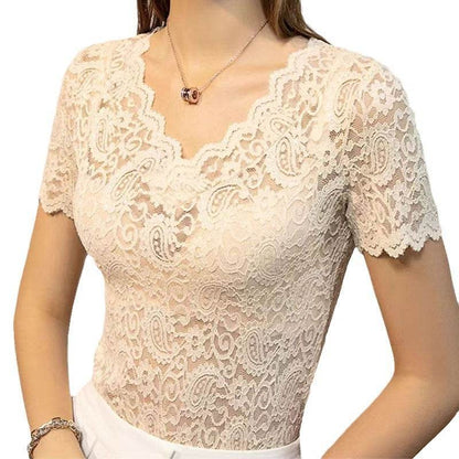 Ladies V-Neck Hollow Lace Short Sleeve Shirt - Slim Fit & Stylish Accents - Buy Center