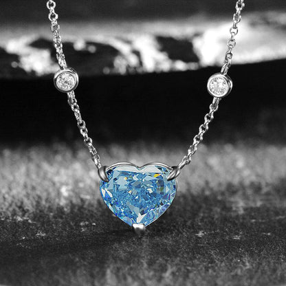 Ocean Blue Heart-shaped Zircon Necklace - S925 Silver Clavicle Chain - Buy Center