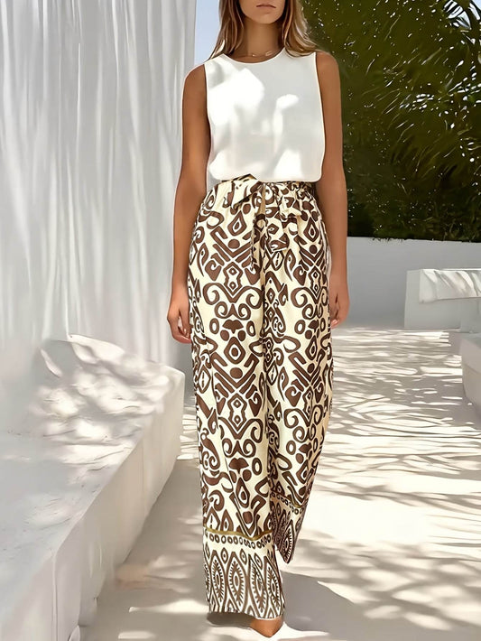 Women's Summer Vacation Two-Piece Set - Solid Color Geometric Print - Buy Center