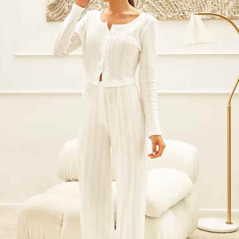 Long Sleeve White Hollow-Out Knitted Pajamas - Stylish & Comfortable Set - Buy Center