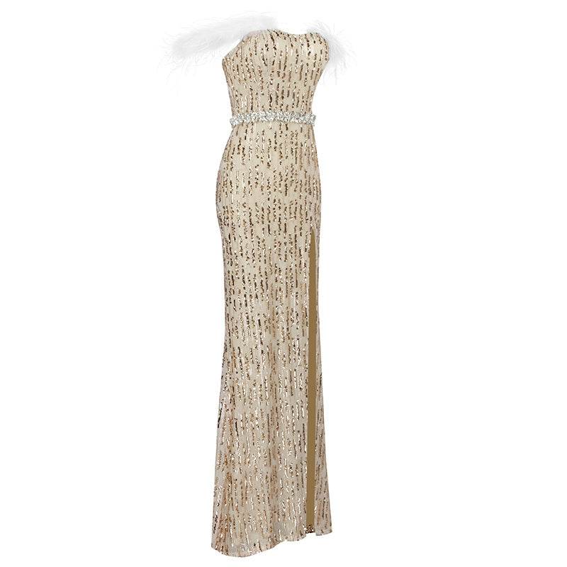 Buycenter Sexy Fishtail Evening Dress - Large Slit Champagne Tube Top - Buy Center