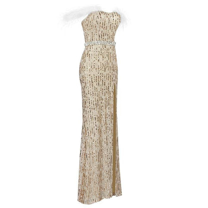 Buycenter Sexy Fishtail Evening Dress - Large Slit Champagne Tube Top - Buy Center
