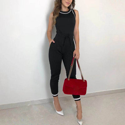 Buycenter Contrast Color Jumpsuit - Round Neck Sleeveless Vest Style - Buy Center