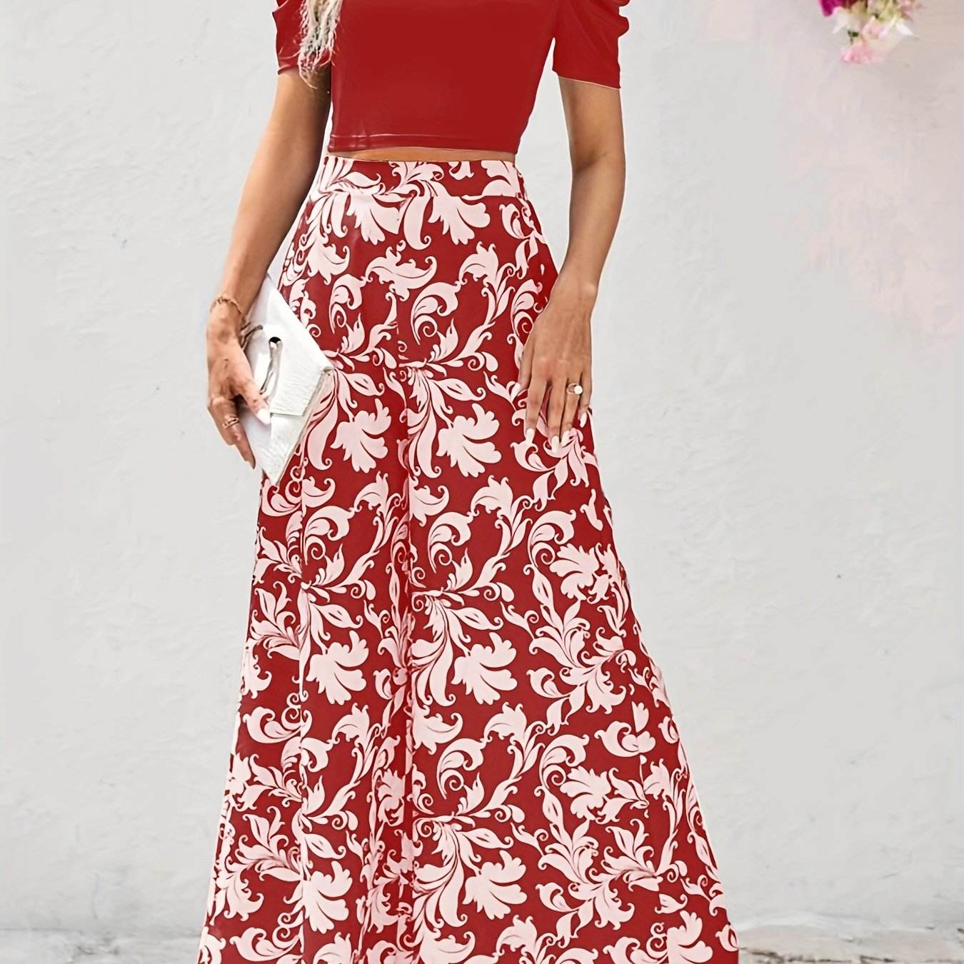 Women's Short Sleeve Top & Floral Pants Set - Elegant Spring Style - Buy Center