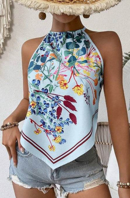 Buycenter Sleeveless Printed Tank Top - Notched Neck Halter Style - Buy Center