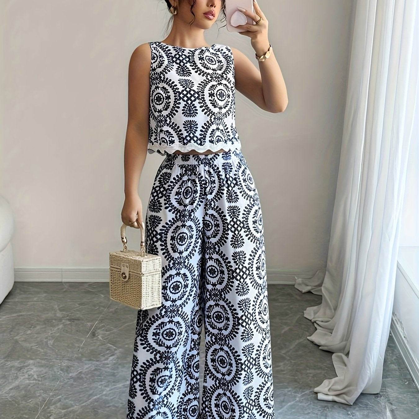 Elegant Women's 2pcs Set - Plant Pattern Top & Pants for All Seasons - Buy Center