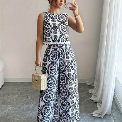 Elegant Women's 2pcs Set - Plant Pattern Top & Pants for All Seasons - Buy Center