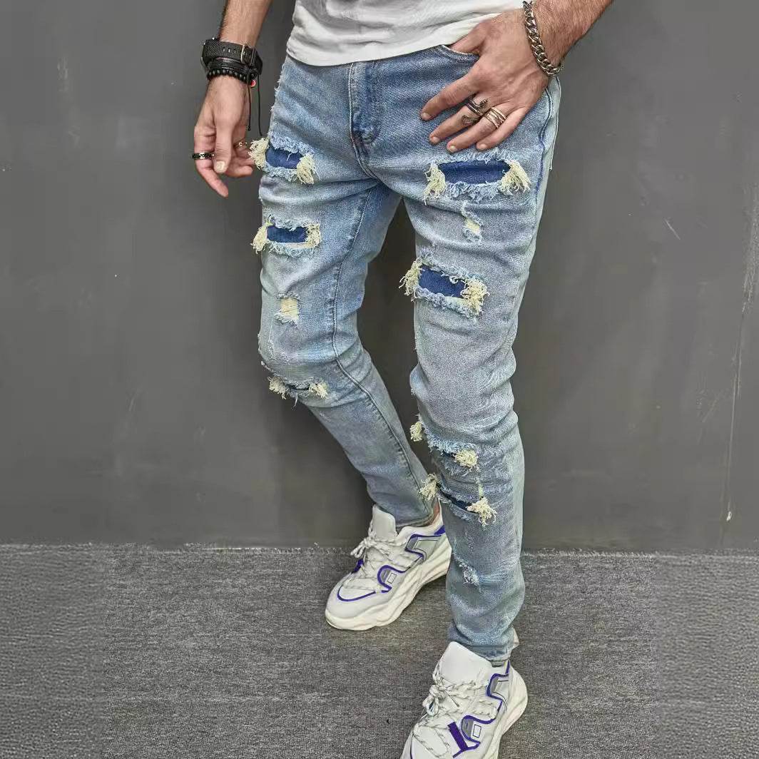Men's Skinny Stretch Jeans - High Quality Mid Waist Trousers, Blue - Buy Center