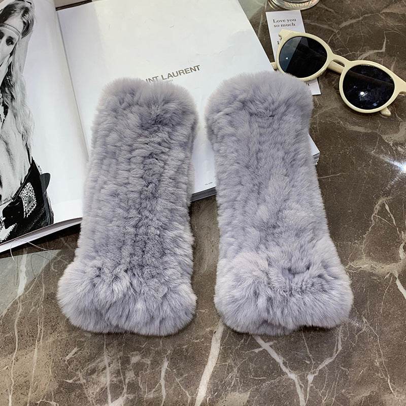 Sweet Warm Rex Rabbit Fur Gloves - Cozy Half Finger Design for Winter - Buy Center