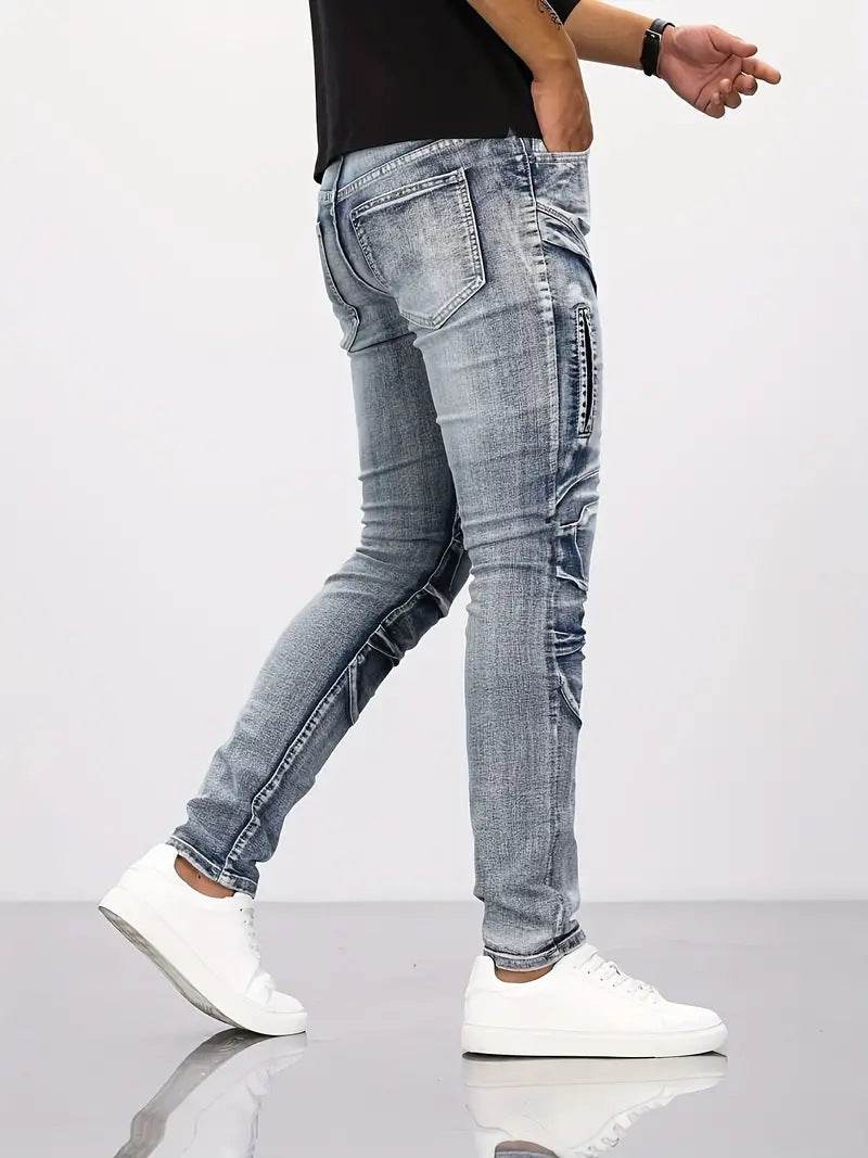 Retro Casual Stretch Motorcycle Jeans for Men - Mid Waist, Light Blue - Buy Center