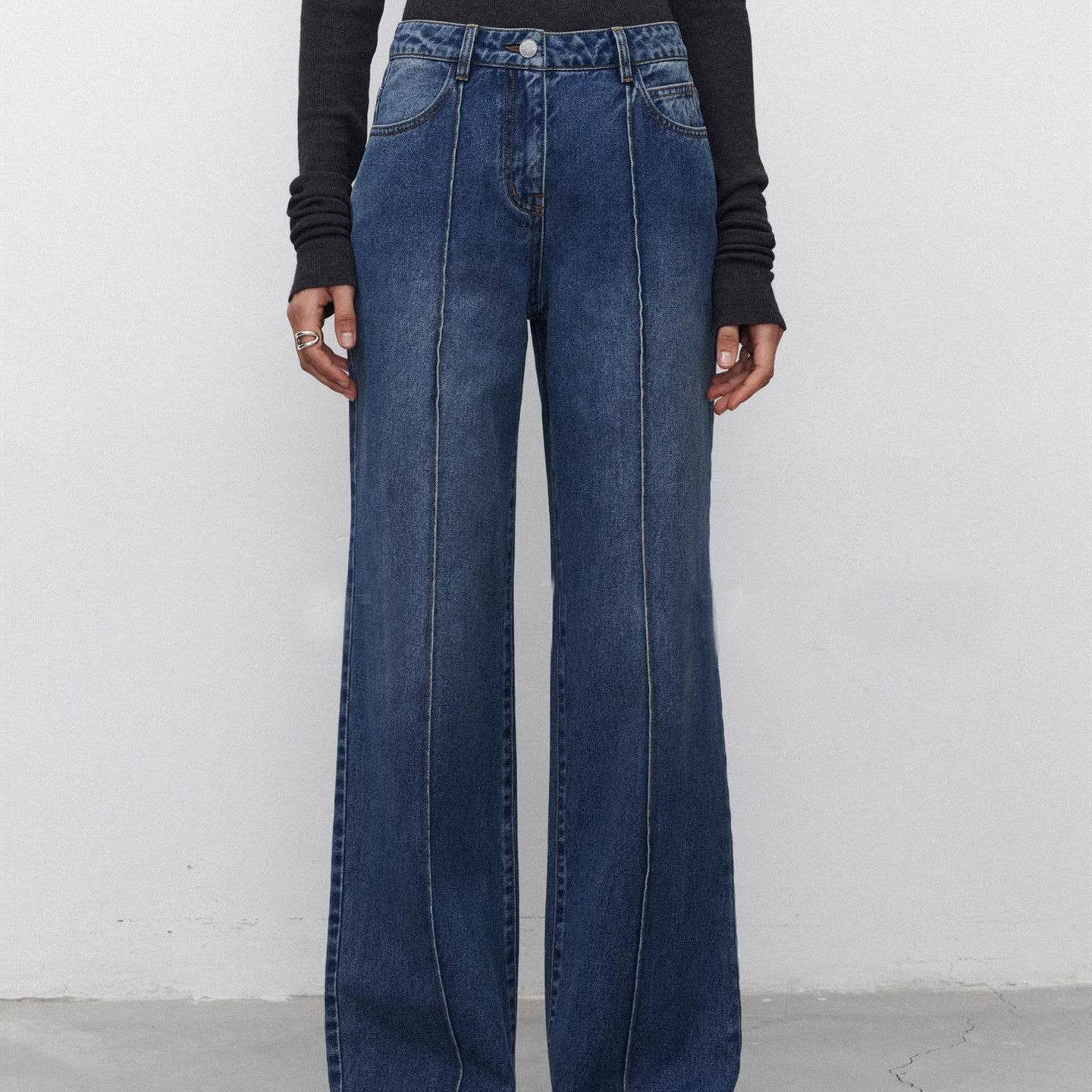 Women's Straight Jeans with Three-Dimensional Stitching - Dark Blue Style - Buy Center