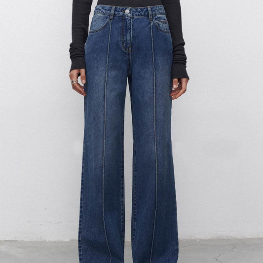 Women's Straight Jeans with Three-Dimensional Stitching - Dark Blue Style - Buy Center