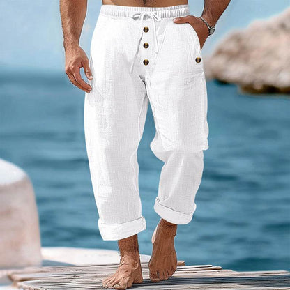 Buycenter Solid Color Cotton Linen Beach Pants - Casual Loose Fit Trousers - Buy Center