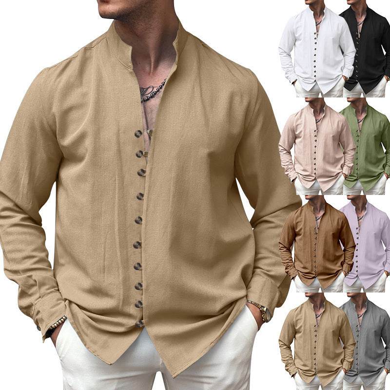 Buycenter Men's Casual Loose Linen Shirt - Ethnic Style, Long Sleeve - Buy Center