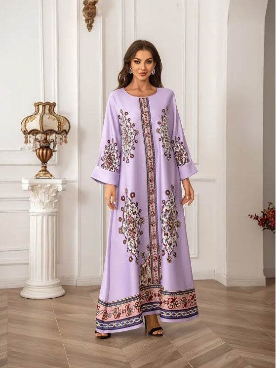 Elegant Floral Print Long Sleeve Abaya Dress - Buycenter Lady Fashion - Buy Center
