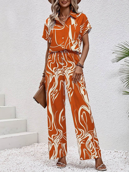 Elegant Women's Pants Set - Wide Leg Trousers & Short Sleeve Shirt - Buy Center