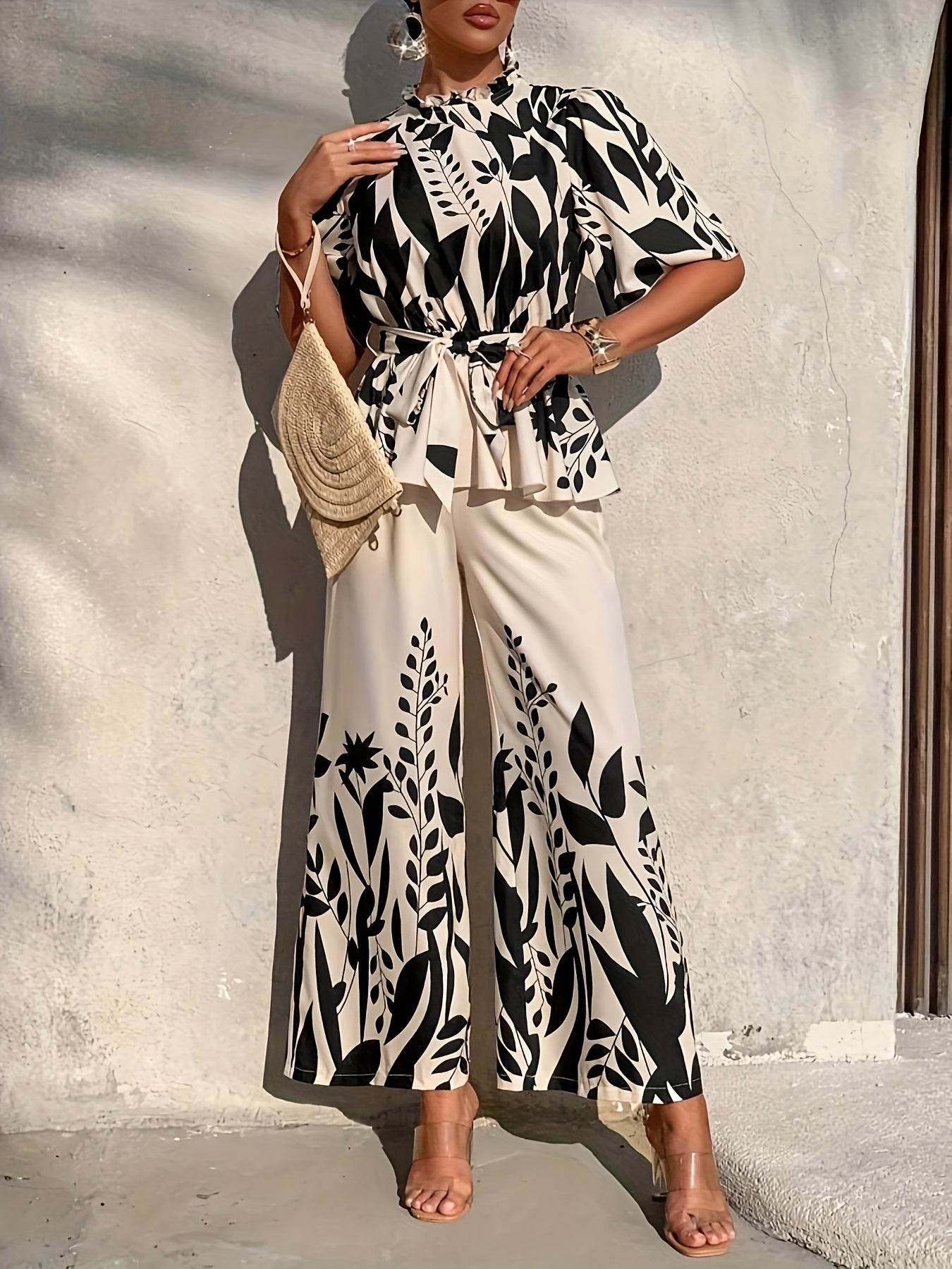 Elegant Floral Print Women's Pants Set - Short Sleeve, Wide Leg - Buy Center
