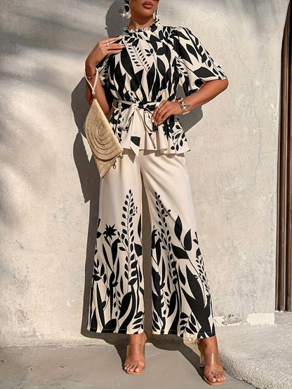 Elegant Floral Print Women's Pants Set - Short Sleeve, Wide Leg - Buy Center