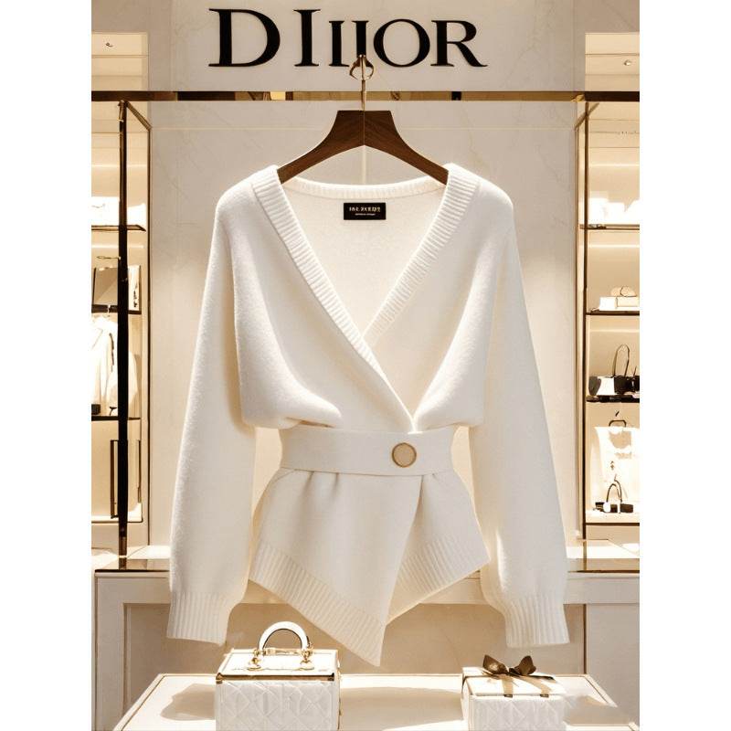 Women's White V-neck Knitted Cardigan - Versatile Long Sleeve Style - Buy Center