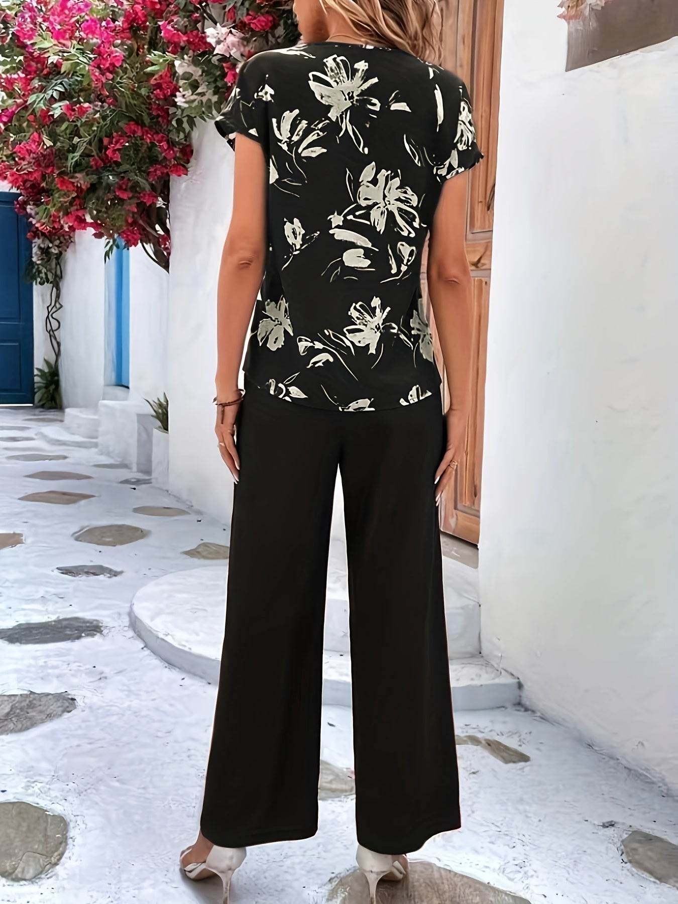 Floral Print Two-Piece Set - V Neck Top & Wide Leg Pants - Buy Center
