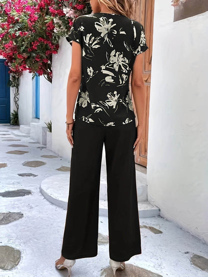 Floral Print Two-Piece Set - V Neck Top & Wide Leg Pants - Buy Center