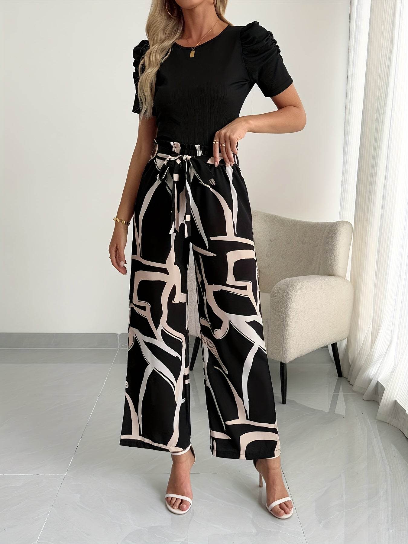 Elegant Women's Round Neck Fluffy Sleeve Top & Printed Pants Set - Buy Center
