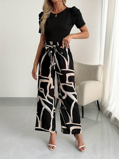 Elegant Women's Round Neck Fluffy Sleeve Top & Printed Pants Set - Buy Center