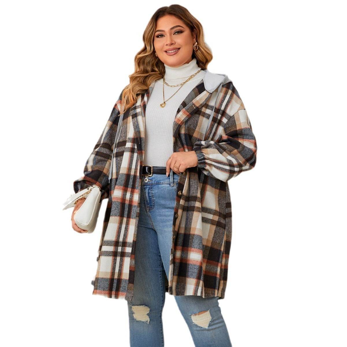 Buycenter Plus-Size Women's Plaid Hooded Trench Coat - Autumn Winter Style - Buy Center