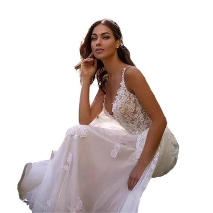 Elegant Deep V Slim Wedding Dress - Lace Suspender Evening Gown - Buy Center